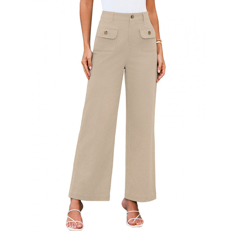 Women High-Waist Palazzo Pants with Flap Button Pockets Mune Fashion