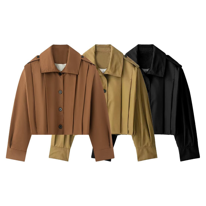 Women's Short Oversized Trench Coat in Cropped Cut with Epaulettes and Pleated Sleeves Mune Fashion