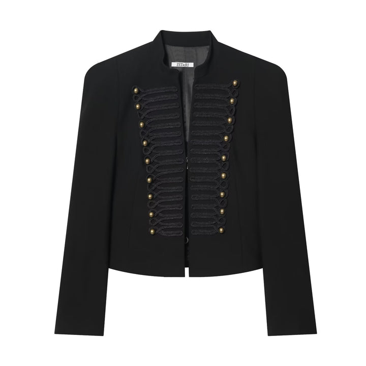 Women's Short Blazer with Military Frog Decoration and Stand-Up Collar Mune Fashion