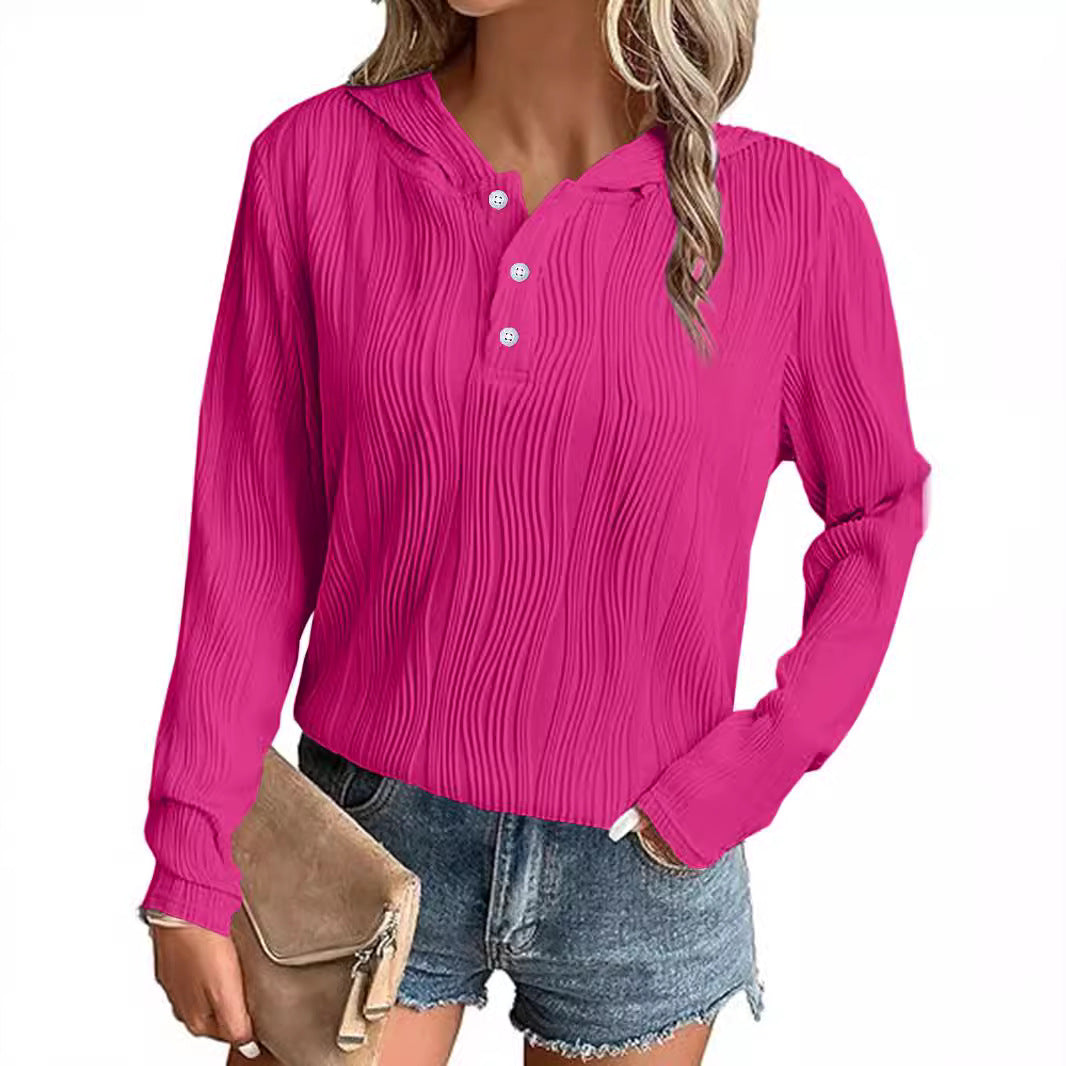 Women's Ribbed Hooded Henley Shirt with Button Placket and Light Texture Mune Fashion
