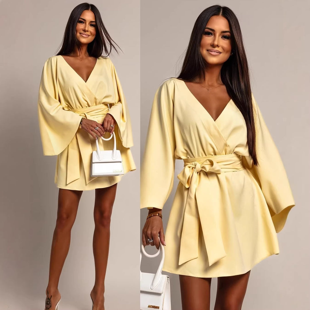 Women's Wrap Mini Dress with Kimono Sleeves and Waist Belt Mune Fashion