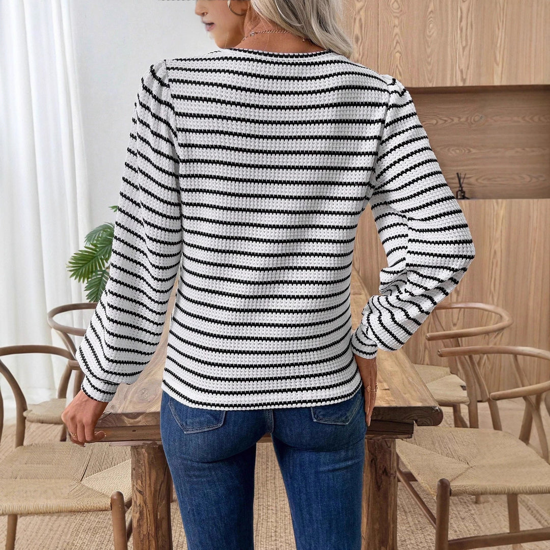 Women's Striped Fine Knit Long Sleeve with Structured Knit and Round Neckline Mune Fashion