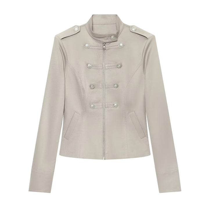 Women Military-Inspired Short Jacket with Stand-Up Collar, Decorative Button Placket and Zipper Mune Fashion