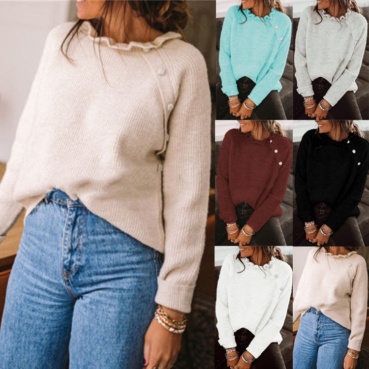 Women's ribbed sweater with ruffle collar and side button placket Drune