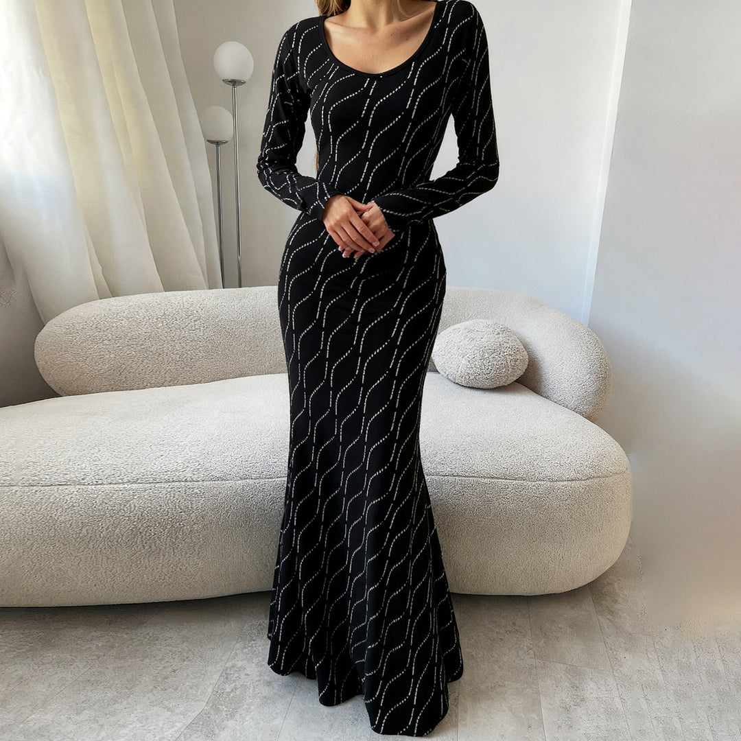 Women's long-sleeved Bodycon Mermaid evening dress with wave rhinestone embellishment Mune Fashion