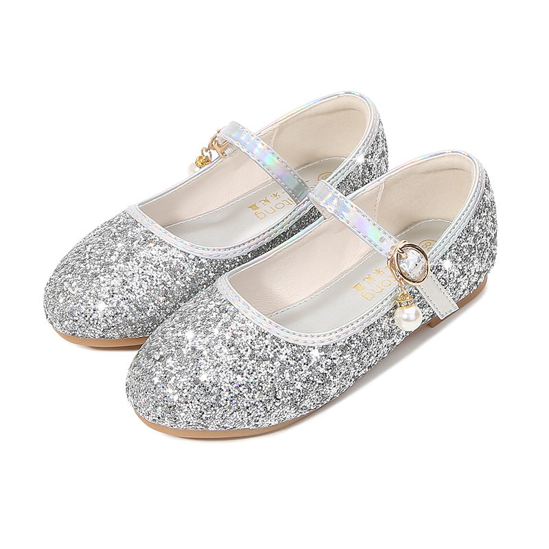 Girl Glittering Mary Jane Ballet Flats with Pearl Application Mune Fashion