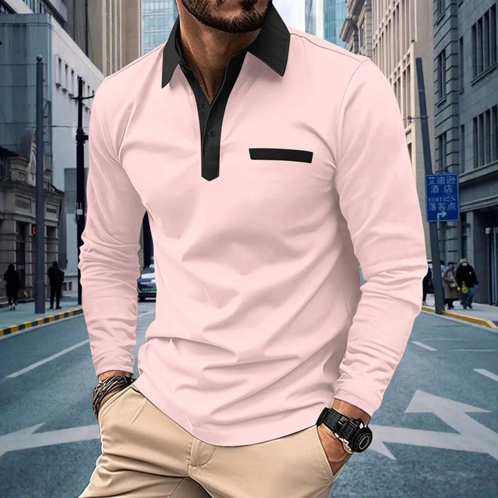 Men's long sleeve polo shirt with contrasting collar, concealed button placket, and decorative chest stripe Mune Fashion