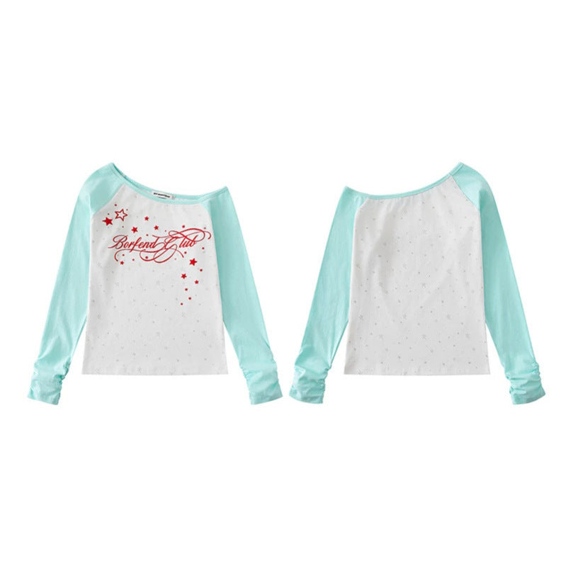 Women's raglan long-sleeve shirt with boat neck, star print, and gathered sleeves Mune Fashion