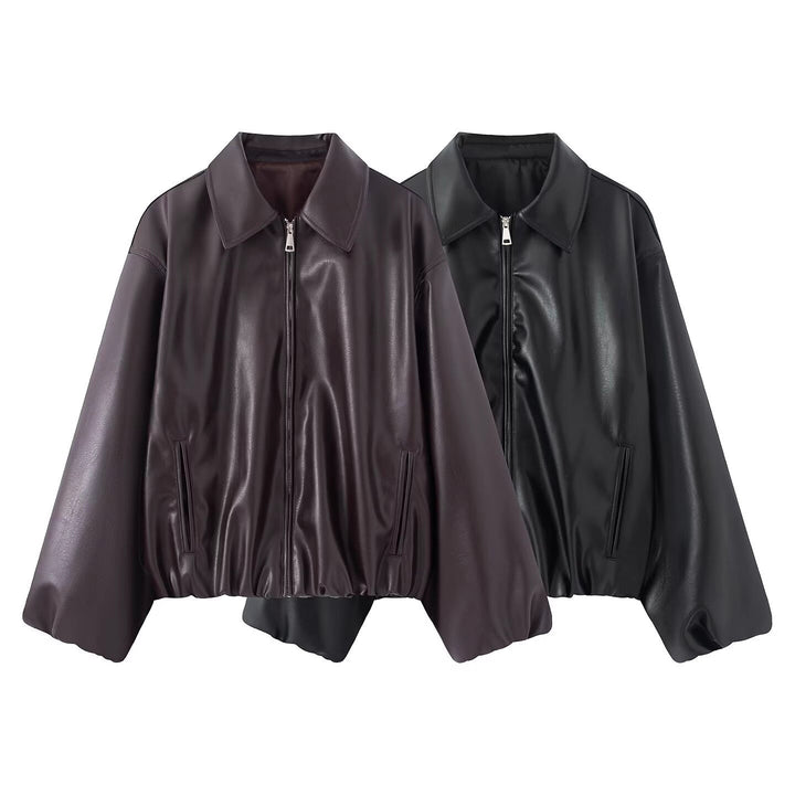 Women Oversize Faux Leather Blouson with Zipper and Elastic Hem Mune Fashion
