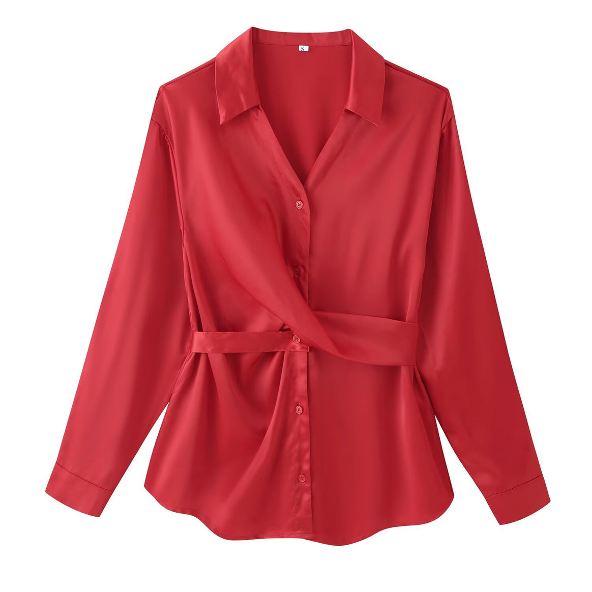 Women's blouse with waist belt, V-neck and long sleeves Mune Fashion