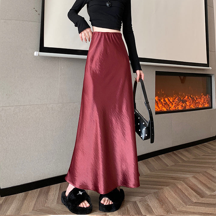 Women's elegant satin midi skirt with A-line and seamless waistband Mune Fashion