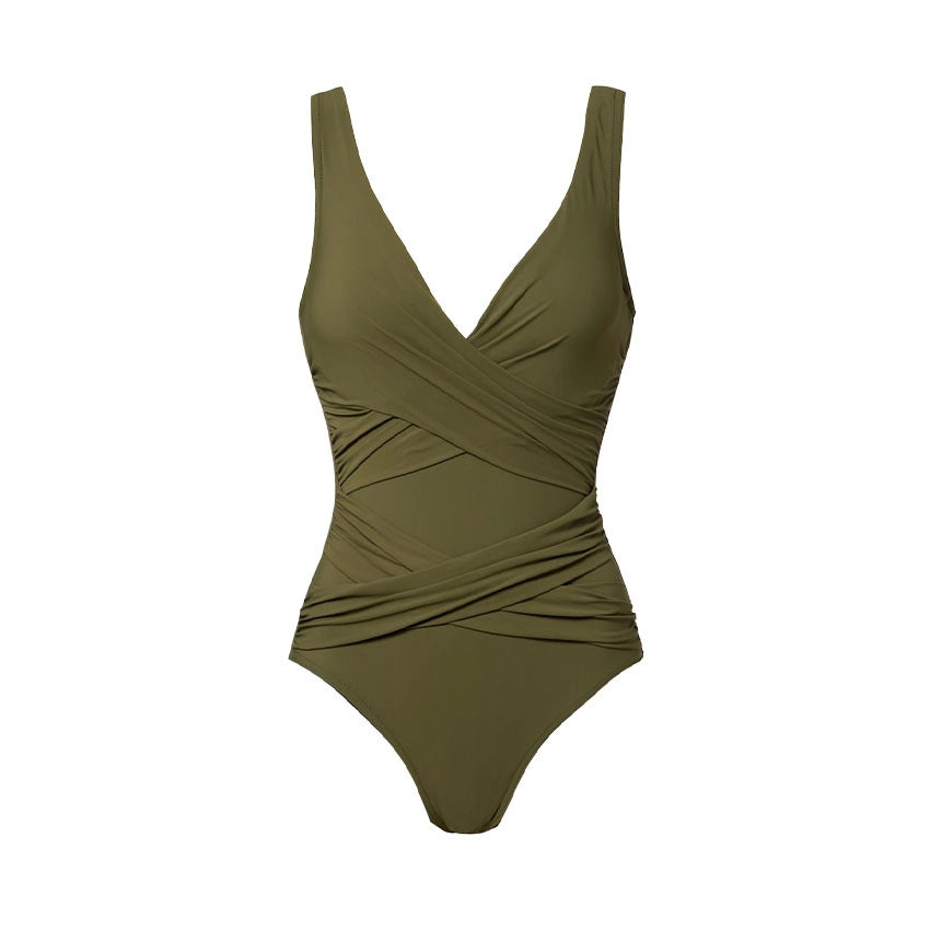 Women's One-piece Swimsuit with fashionable wrap design and elastic ruffle details Mune Fashion