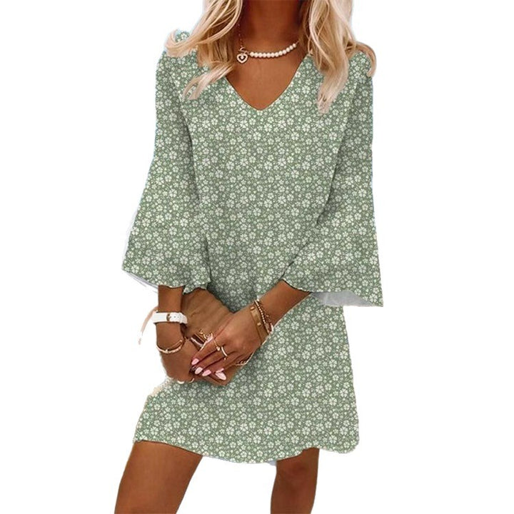 Women's light floral V-neck mini dress with bell sleeves and A-line cut Mune Fashion
