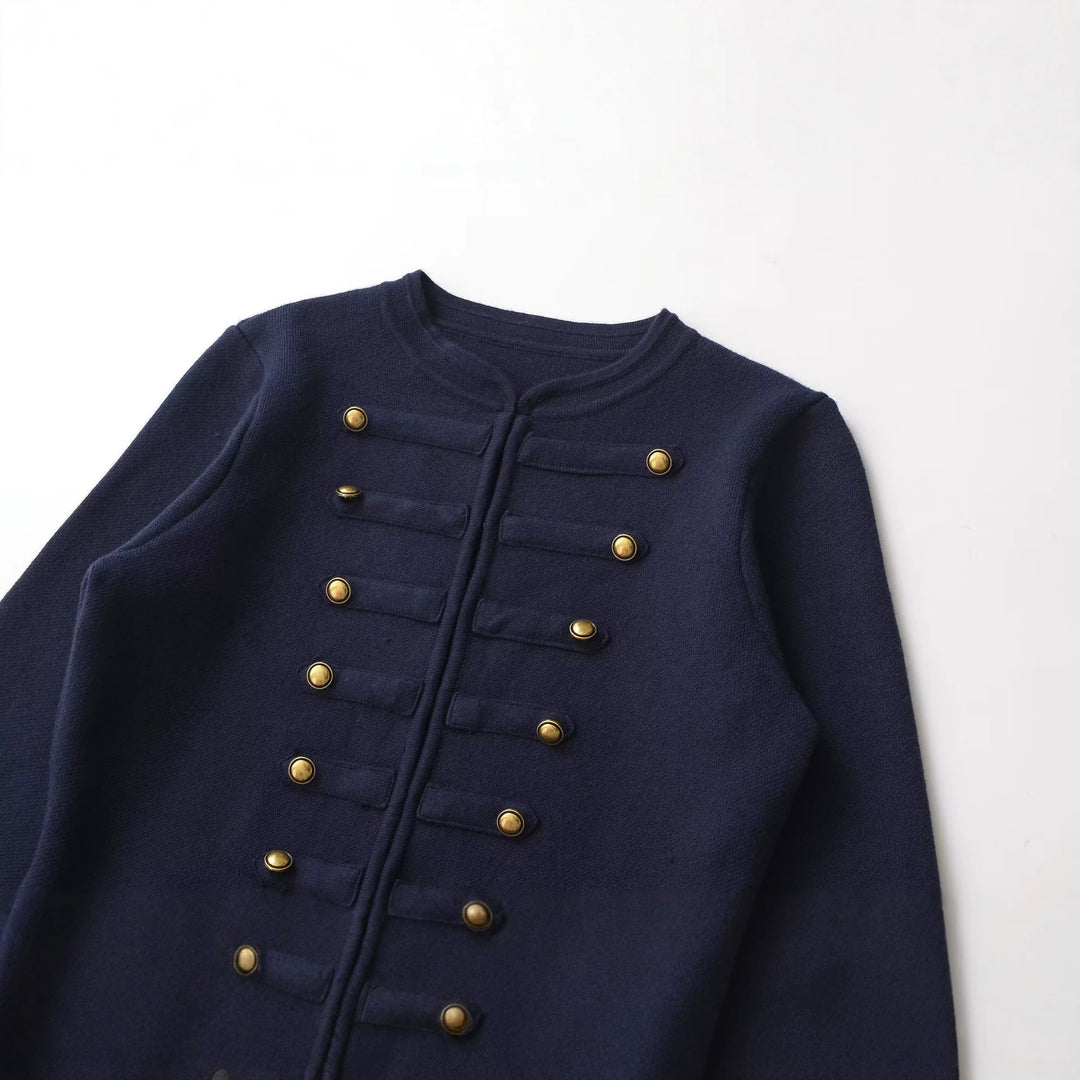 Women's collarless, short-cut officer blazer with golden decorative buttons Mune Fashion