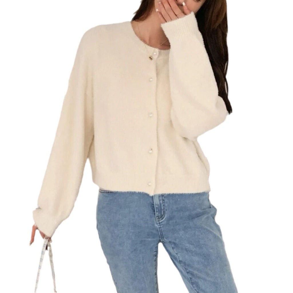 Women's Short Cut Fluffy Knit Cardigan with Pearl Buttons Mune Fashion