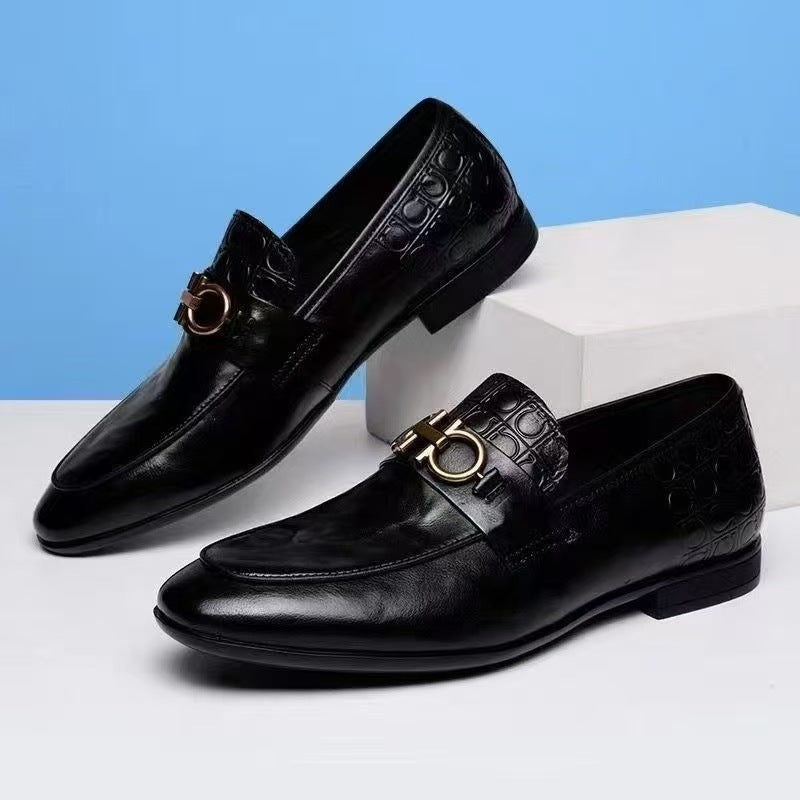 Men's Elegant Leather Look Loafers with Crocodile Embossing and Gold Bit Buckle Mune Fashion