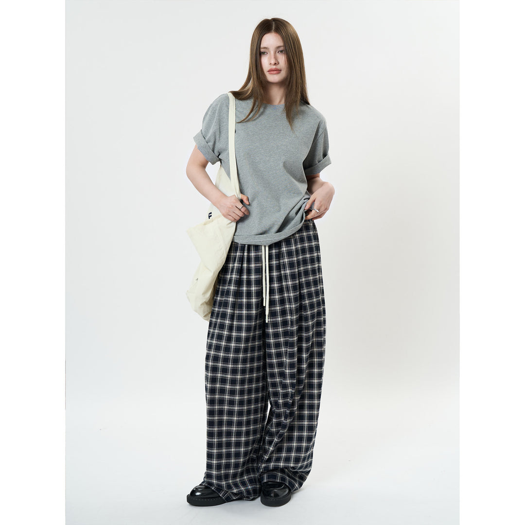 Ladies Wide Checkered High-Waist Baggy Pants with Drawstring Mune Fashion
