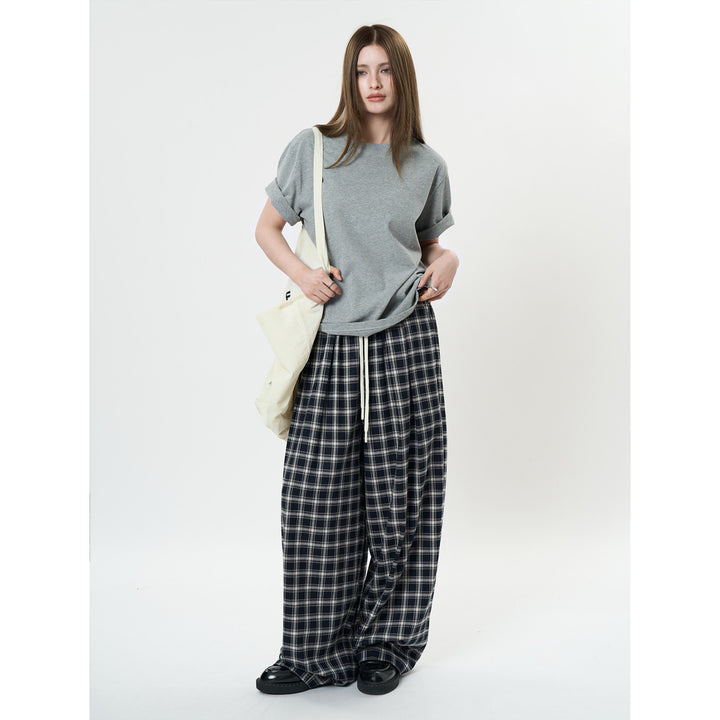 Ladies Wide Checkered High-Waist Baggy Pants with Drawstring Mune Fashion
