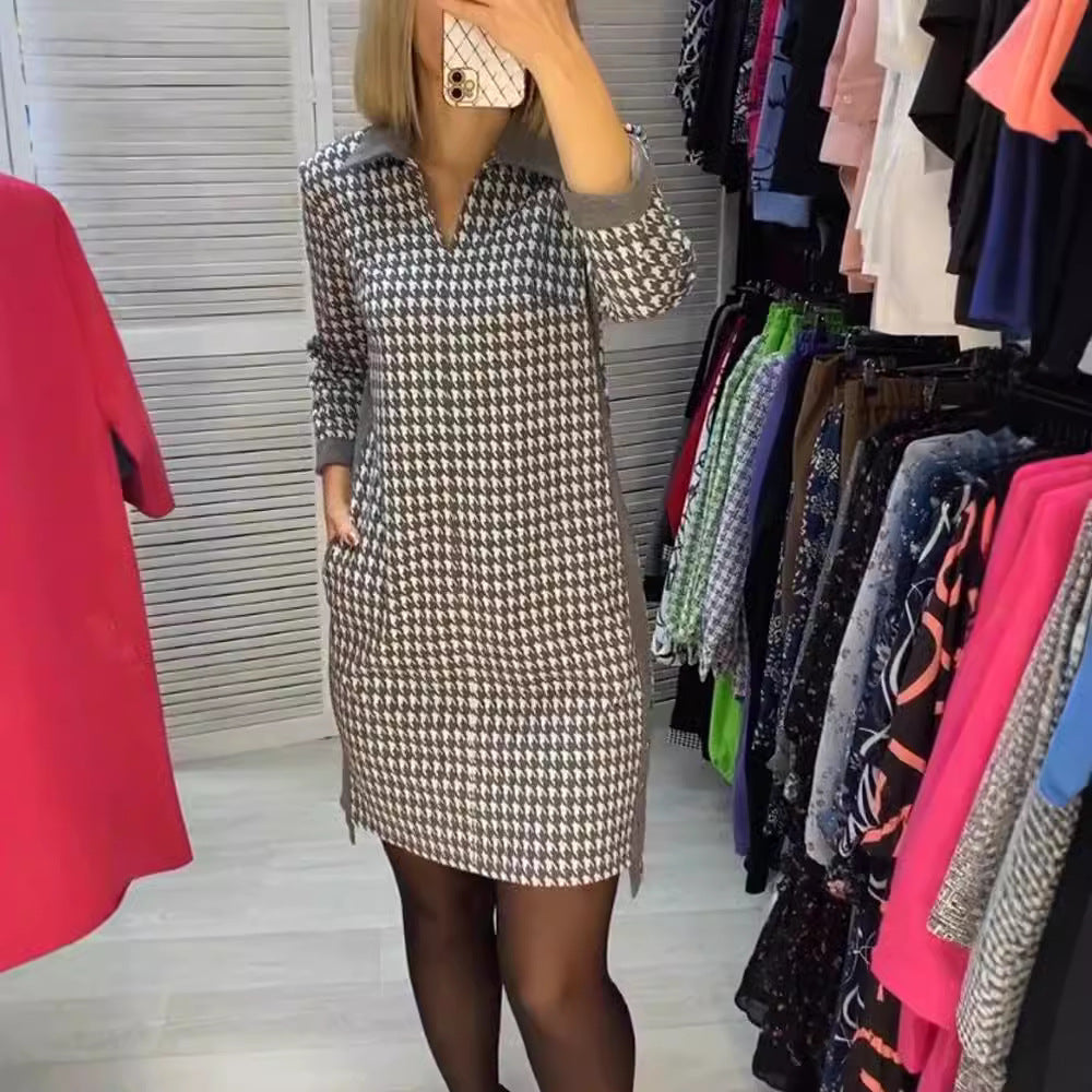 Women houndstooth knit dress with turned-down collar, V-neck, side pockets, and side slits Mune Fashion