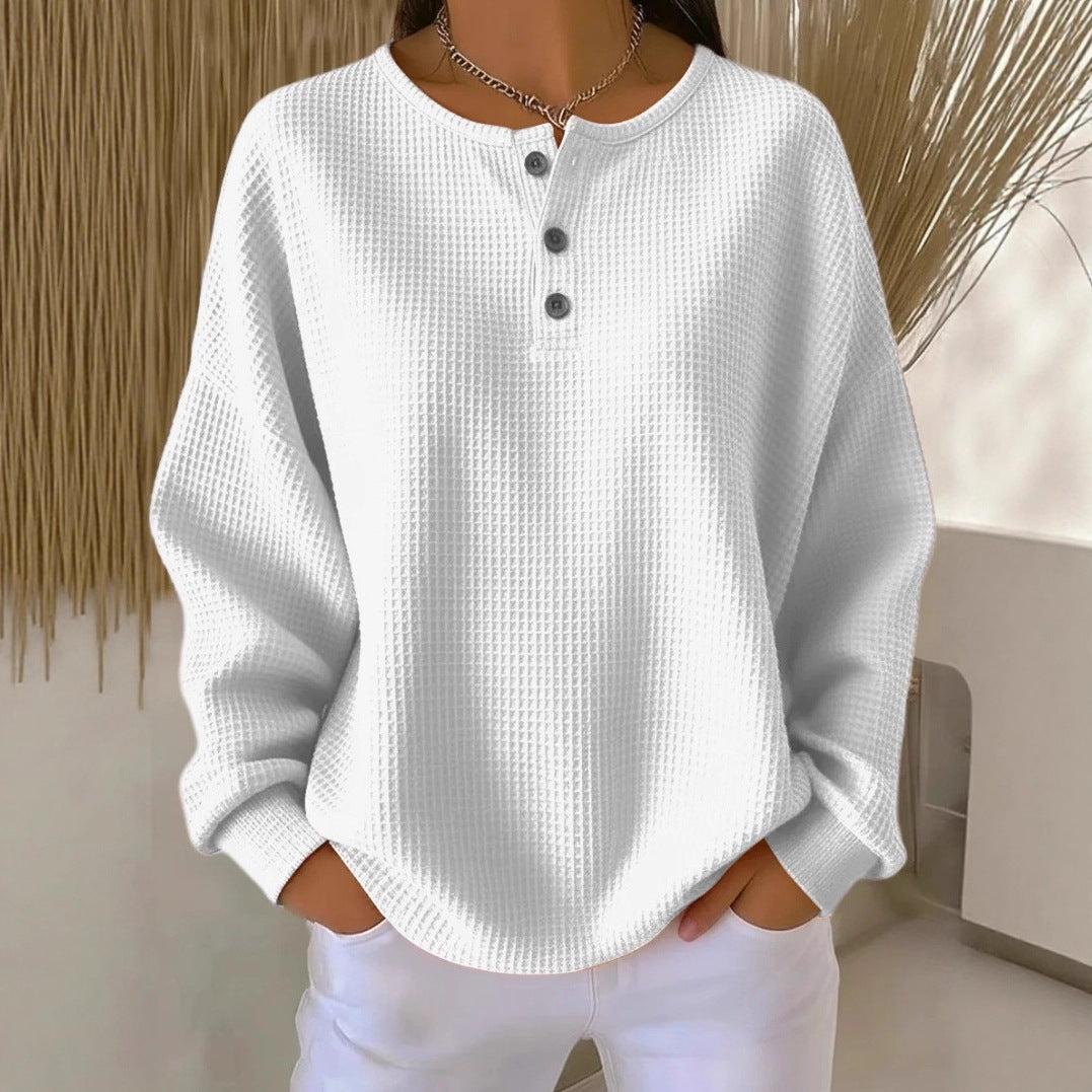 Women Oversize Waffle Knit Henley Shirt with Placket and Round Neck Mune Fashion