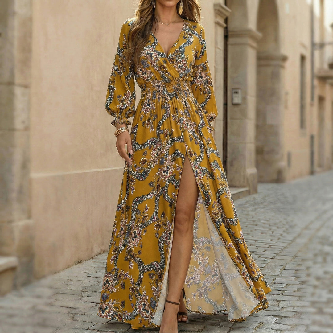 Women's flowing maxi dress with wrap top, gathered smocked waist and high slit Mune Fashion