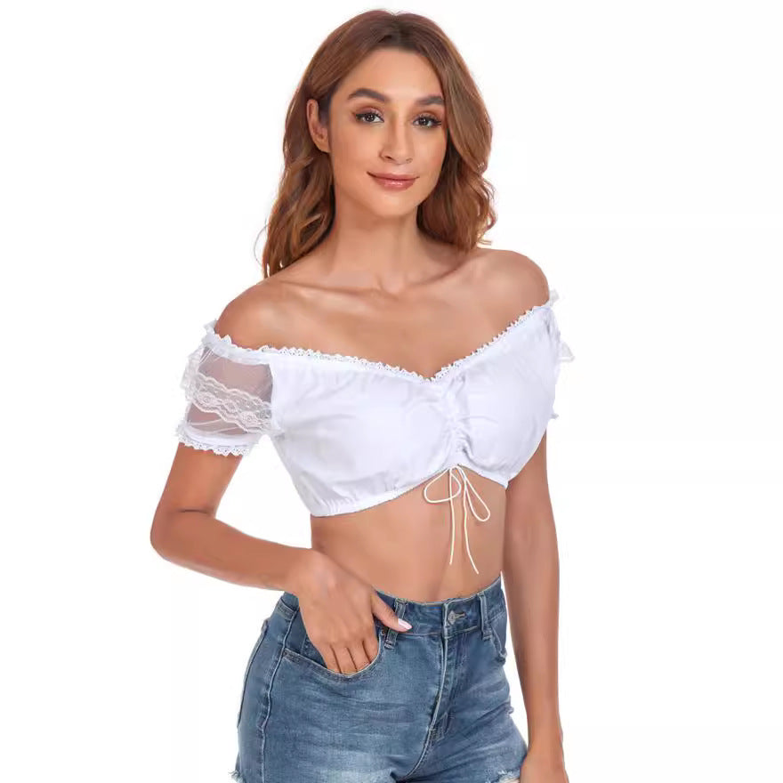 Ladies Dirndl blouse Carmen neckline with lace sleeves and bow tie Mune Fashion