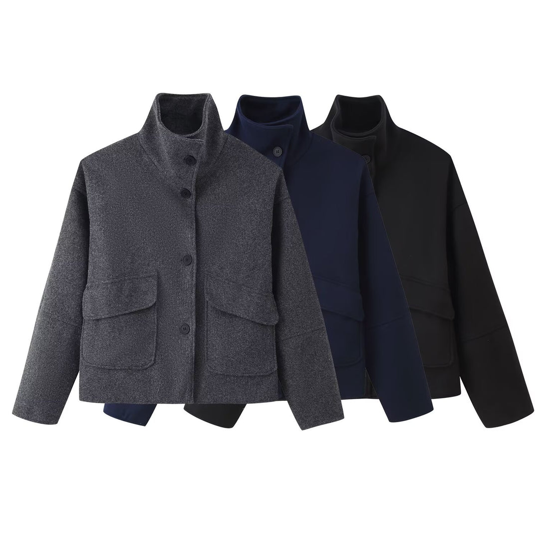 Women's Boxy Short Jacket made of Wool Blend with Stand-up Collar and Flap Pockets Mune Fashion