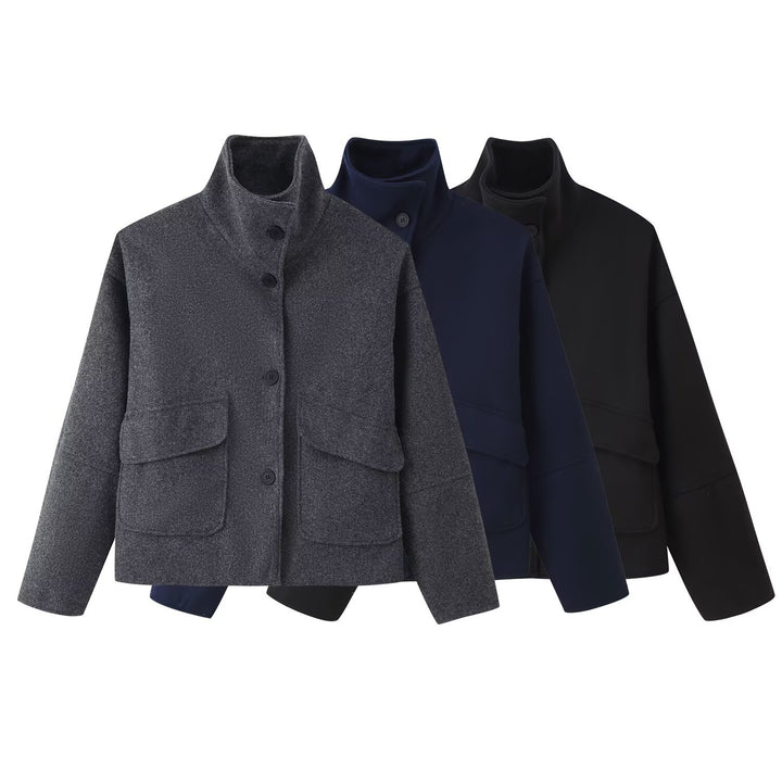 Women's Boxy Short Jacket made of Wool Blend with Stand-up Collar and Flap Pockets Mune Fashion