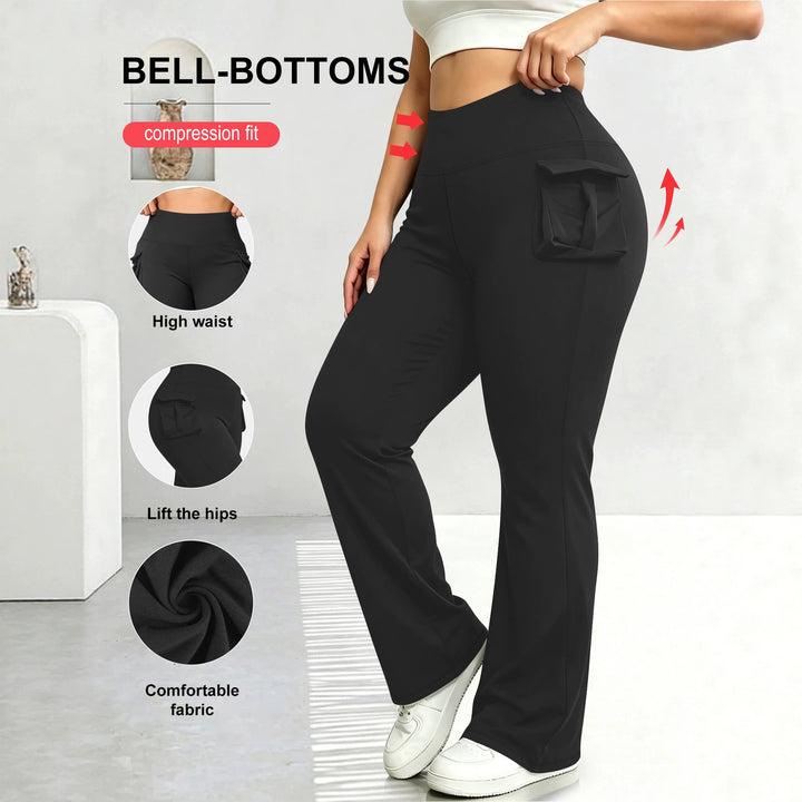 Women High-Waist Flared-Leggings with side ruffles and mobile pockets Mune Fashion