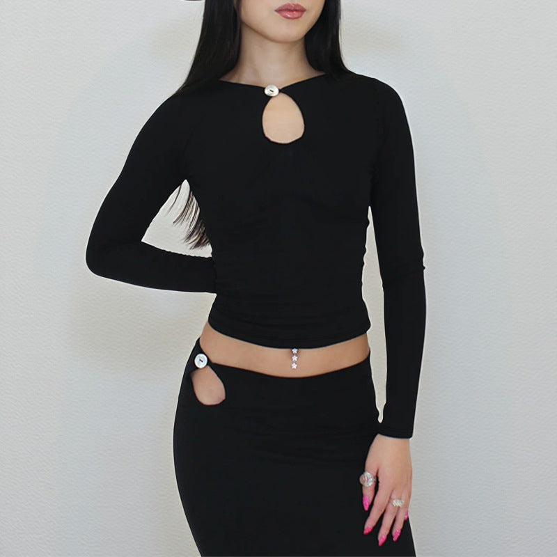 Women Two-Piece Form-Fitting Stretch Set with Long Sleeve Crop Top and Hip Cut-Out Skirt Mune Fashion