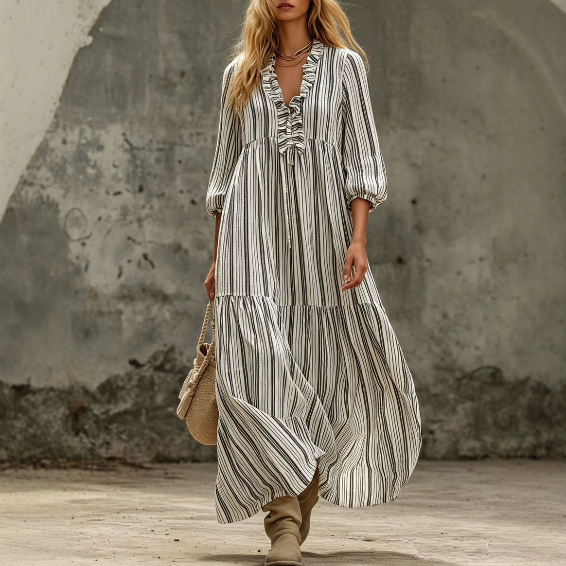 Women's Maxi Dress with Ruffle V-Neck and Balloon Sleeves Mune Fashion