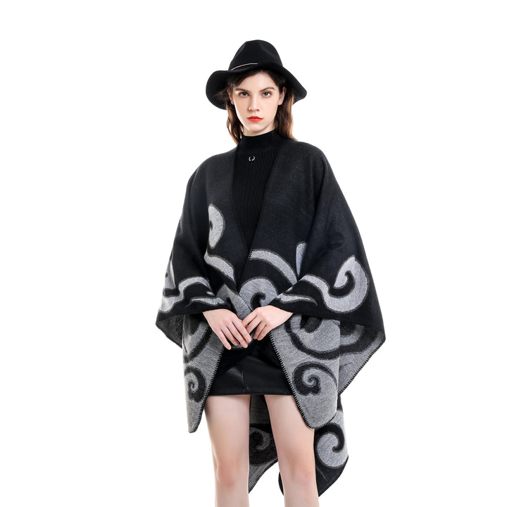 Women's Wool Blend Cape Poncho in Ruana Cut with Ornamental Intarsia Structure Mune Fashion
