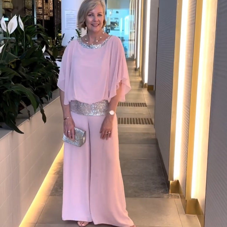 Women's Elegant Evening Two-Piece with Chiffon Cape and Palazzo Pants Mune Fashion