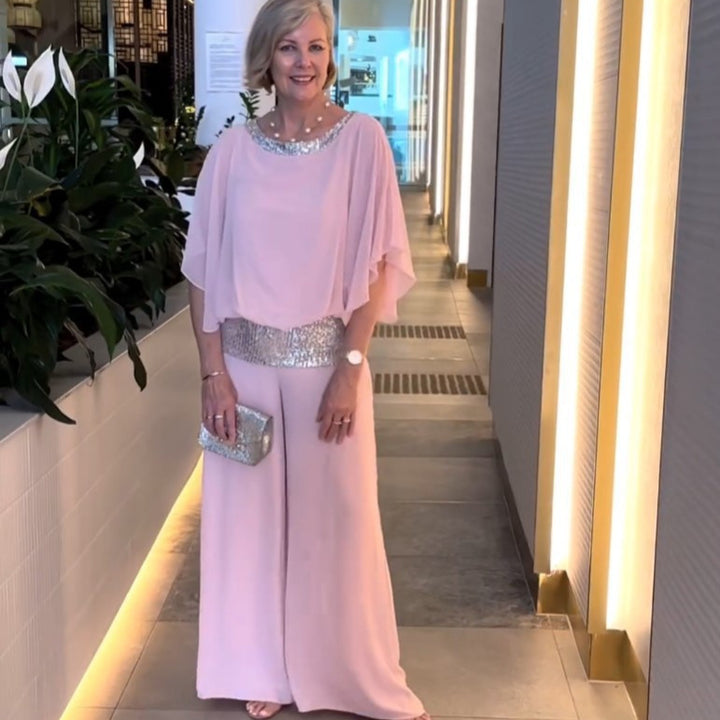 Women's Elegant Evening Two-Piece with Chiffon Cape and Palazzo Pants Mune Fashion