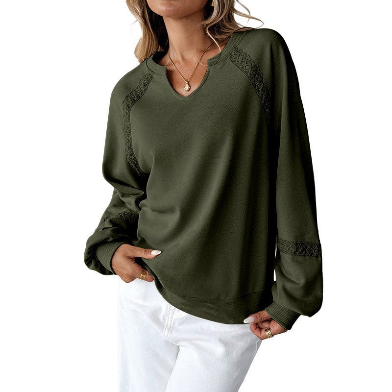 Women's Casual Sweatshirt with V-Notch, Lace Inserts and Balloon Sleeves Mune Fashion