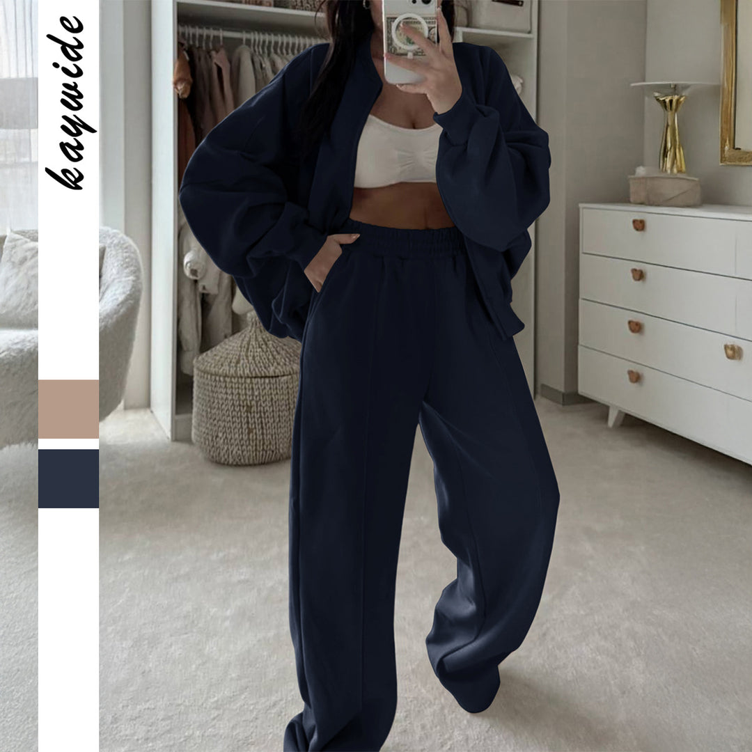 Women nan oversized zip jacket and high-waisted palazzo pants made of soft French terry Mune Fashion