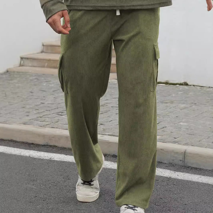 Men's loose wide corduroy cargo pants with drawstring waistband and large flap pockets Mune Fashion