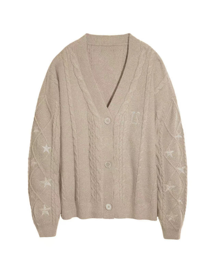 Women's oversized chunky knit cardigan with cable pattern, V-neck and star embroidery Mune Fashion