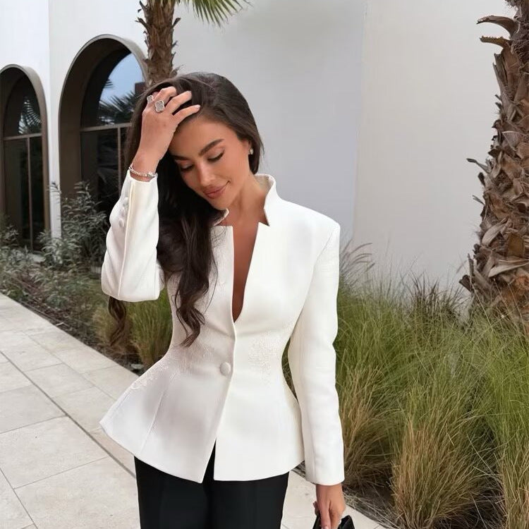 Women Tailored Blazer with Stand Collar and Floral Embroidery Mune Fashion