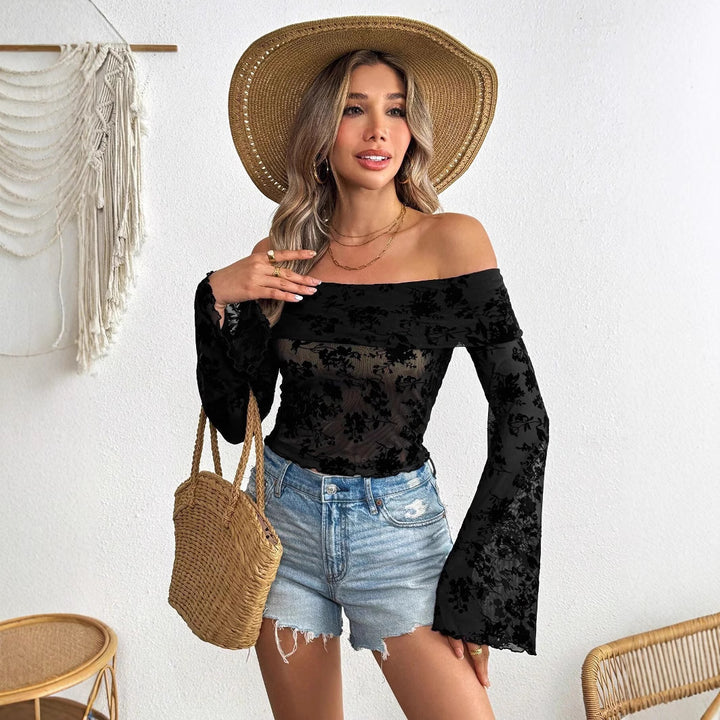 Women's Off-Shoulder Mesh Top with Floral Velvet Flock Application, Cropped Belly-Baring Cut and Trumpet Sleeves Mune Fashion