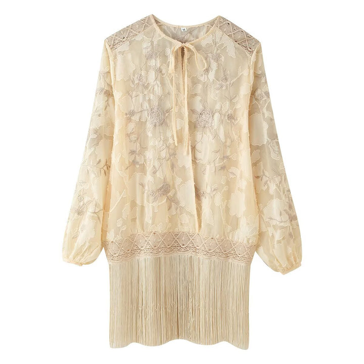 Women's Transparent Knitted Lace Blouse with Tie Bow, Crochet Edge and Fringe Hem Mune Fashion