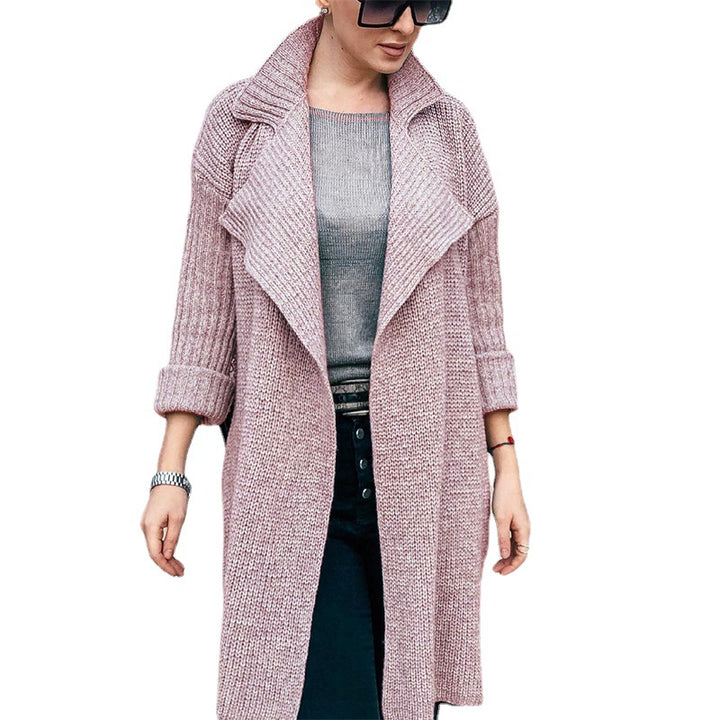 Women Long Open Knit Coat with Shawl Collar and Cuffed Sleeves Mune Fashion