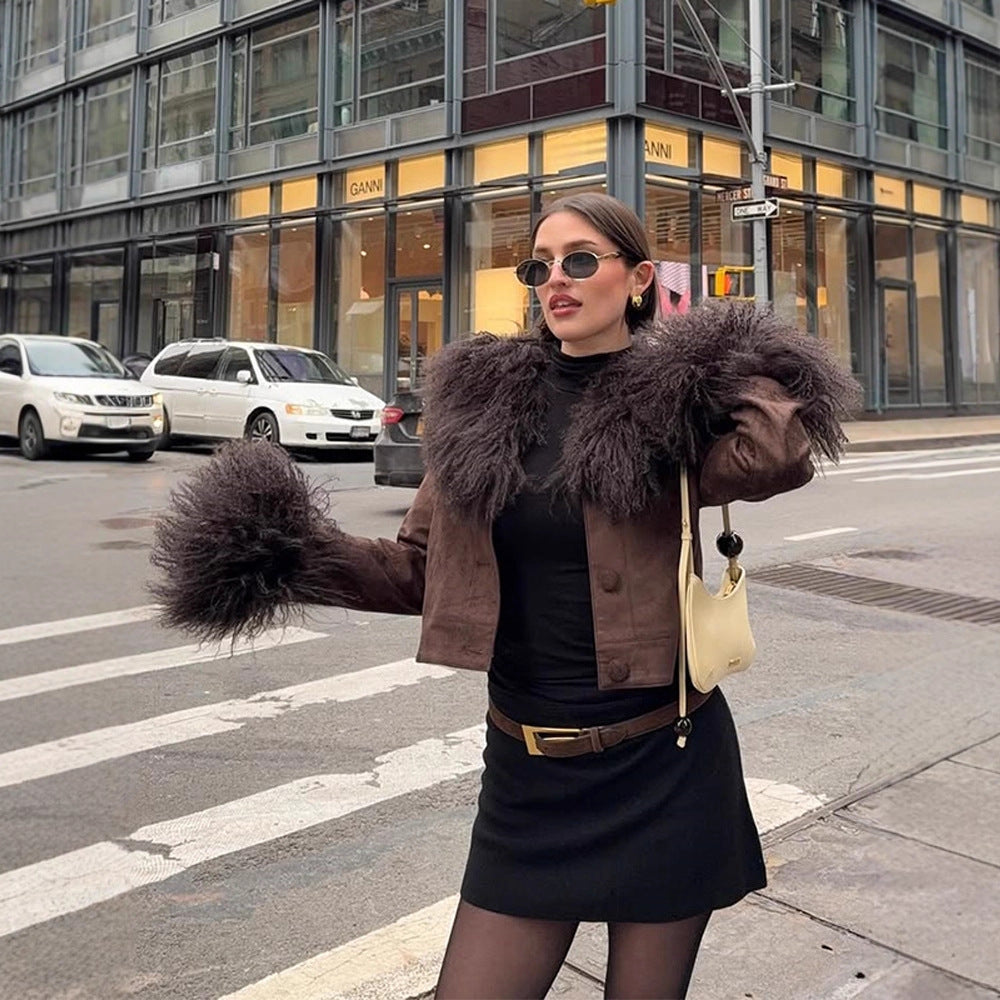 Women's Short Suede Jacket with Voluminous Tibetan Shearling Collar and Fur Cuffs Mune Fashion