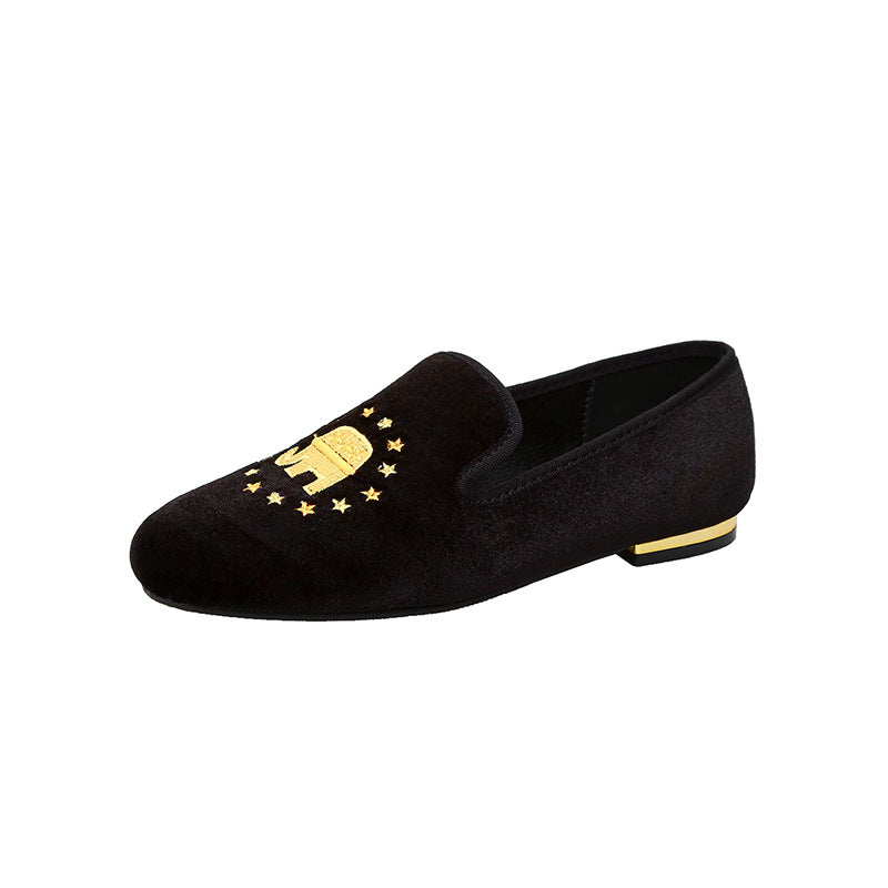 Ladies Velvet Slippers with Sun Embroidery and Gold Heel Cap Mune Fashion