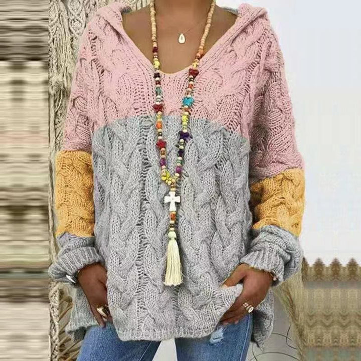 Women Oversized Cable Knit Sweater with Hood and Casual V-Neck Mune Fashion