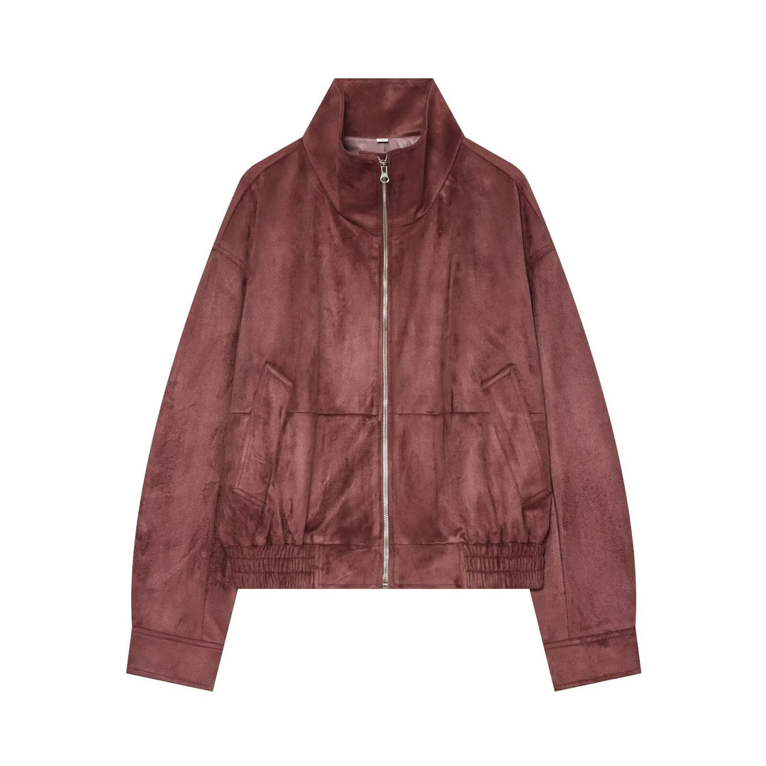 Women's short suede look bomber jacket with stand-up collar and elastic hem