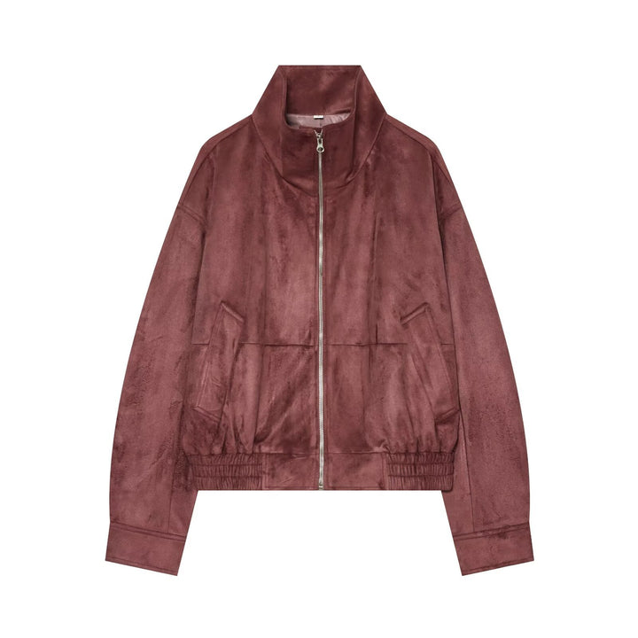 Women's short suede look bomber jacket with stand-up collar and elastic hem