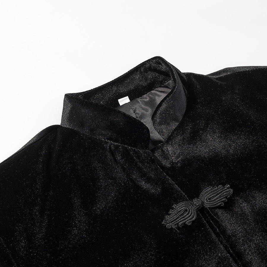 Women's Cropped Jacket in Mandarin Style with Stand Collar and Decorative Knot Closures Mune Fashion