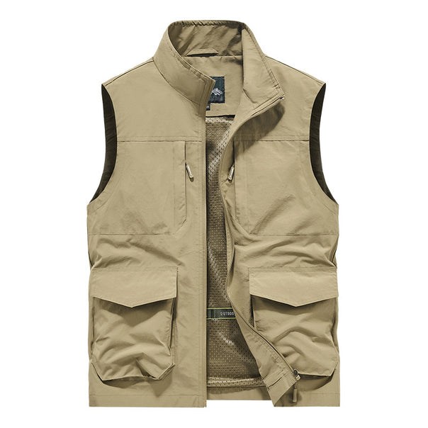 Men's Utility Outdoor Vest with Multiple Pockets, Mesh Lining & Stand Collar Mune Fashion