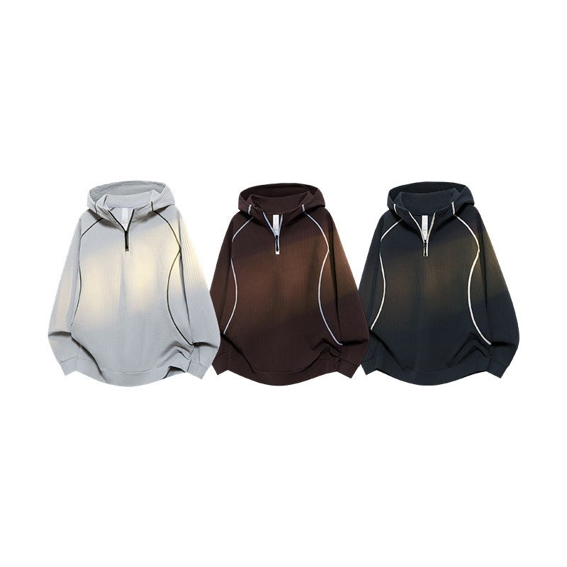 Unisex Oversize Waffle Texture Half-Zip Hoodie with Raglan Sleeves and Contrast Piping Drune